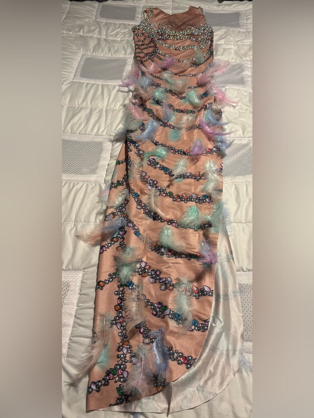 Pastel Pink Feather-Trim Embellished Dress